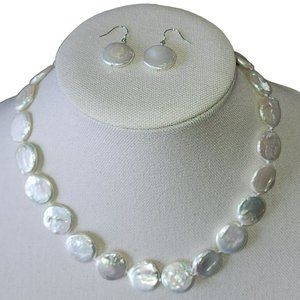 White‎ Coin Cultured Freshwater Pearl Necklace And Earring Set 925S Clasp